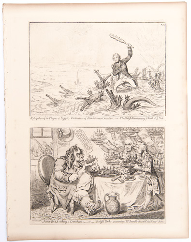 original James Gillray etchings Extirpation of the Plagues of Egypt – Destruction of Revolutionary Crocodiles; or, The British Hero Cleansing the Mouth of the Nile
John Bull Taking a Luncheon; or, British Cooks Cramming Old Grumble Gizzard with Good Cheer